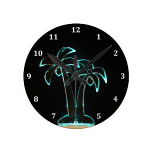 The Look of Neon Lit Up Tropical Palm Trees Round Clock