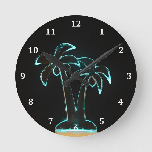 The Look of Neon Lit Up Tropical Palm Trees Round Clock (Front)