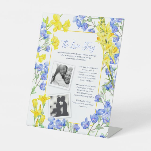 The love story wildflower wedding guest info pedestal sign (Front)