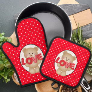 The LOVE Teddy Bear Oven Mitt & Pot Holder Set