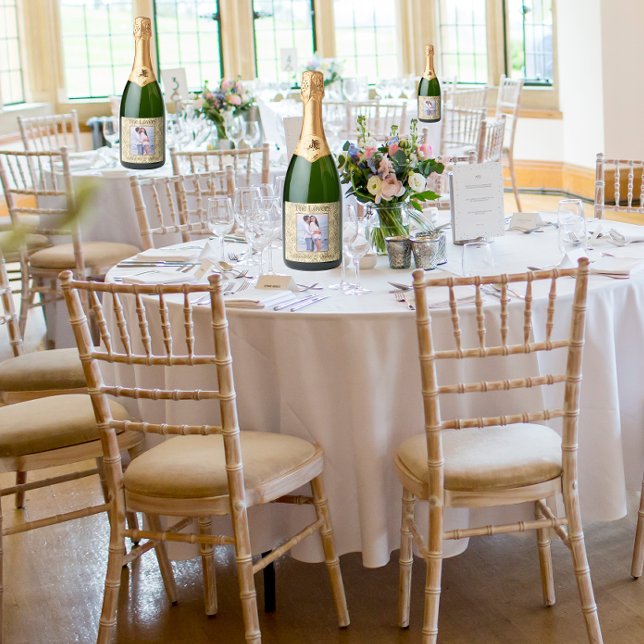 The Lovers Gold Tarot Card Couple Name And Photo  Sparkling Wine Label (Wedding Reception)