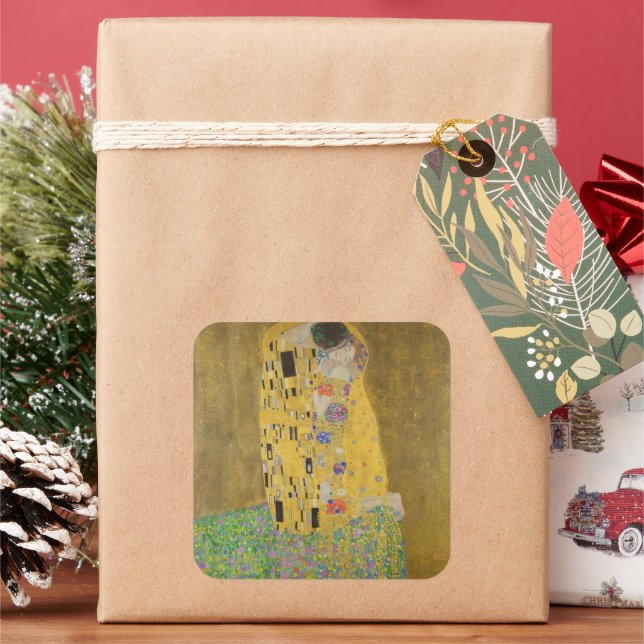 The Lovers Kissing Embrace by Gustav Klimt Square Sticker (Holiday)