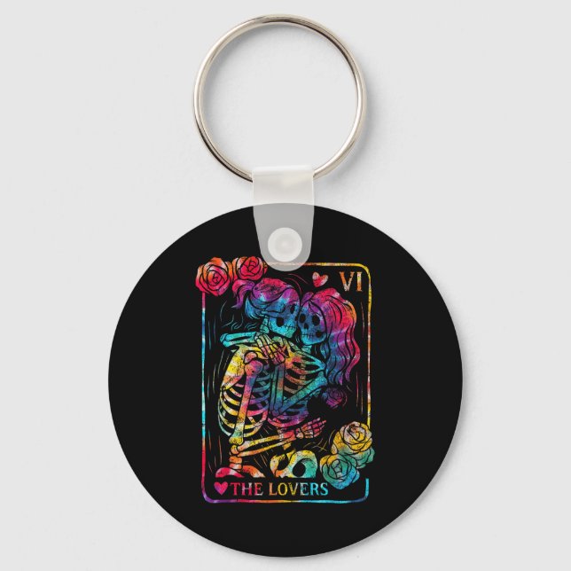 The Lovers Tarot Card Gothic Occult Kissing Skelet Keychain (Front)