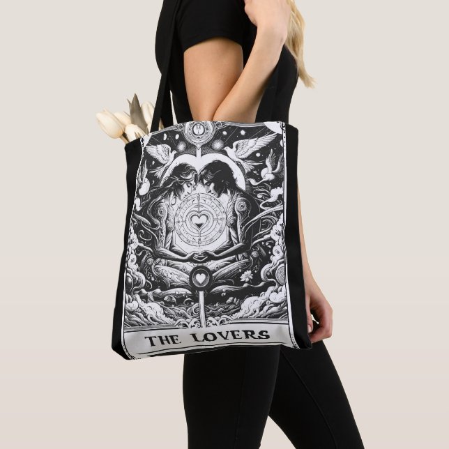 THE LOVERS Tarot Celestial Couple Black & White Tote Bag (Close Up)