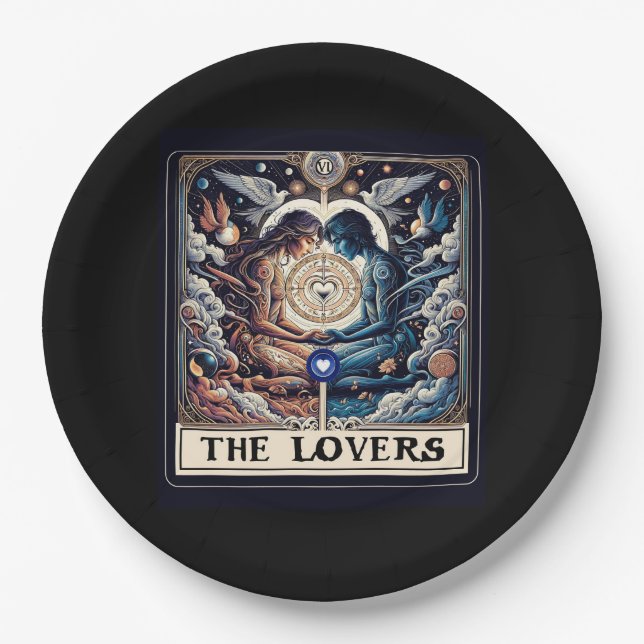 THE LOVERS Tarot Celestial Man & Woman Soulmates Paper Plate (Front)