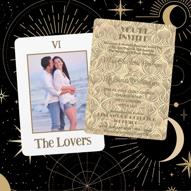 The Lovers Tarot Gold Photo Wedding Invitation (Front And Back)