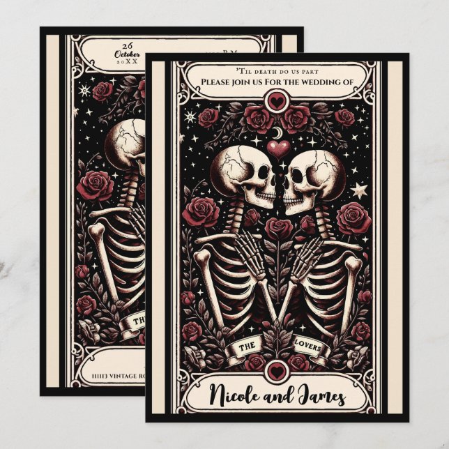 THE LOVERS Tarot Skeleton Love Red Roses Wedding  Invitation (Front/Back)