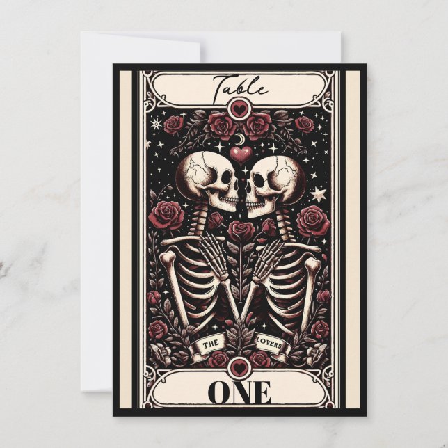 THE LOVERS Tarot Skeleton Love Roses Table Number (Front)