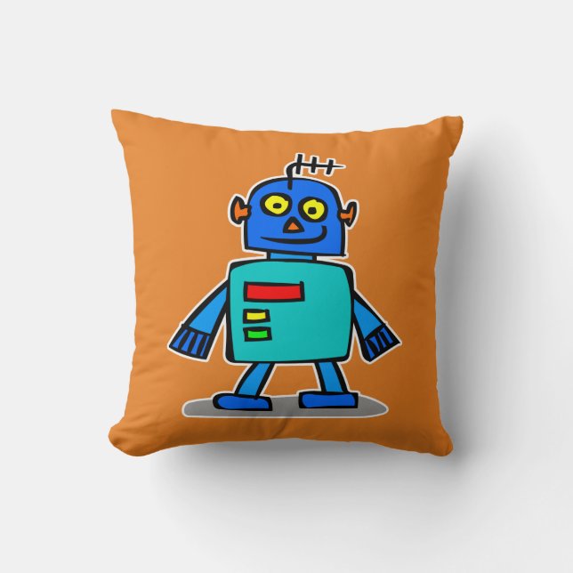 The Magic Crayons Blue Robot Throw Pillow Cushion (Front)