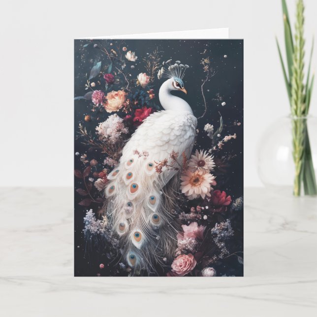 The Majestic White Peacock Surrounded by Blooms Card (Front)