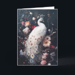 The Majestic White Peacock Surrounded by Blooms Card<br><div class="desc">A majestic white peacock stands gracefully among an array of delicate flowers against a dark, starry background. The soft feathers, adorned with striking blue and gold eye patterns, contrast beautifully with the deep hues of the surrounding blooms. This enchanting composition exudes elegance, sophistication, and a sense of ethereal beauty, making...</div>