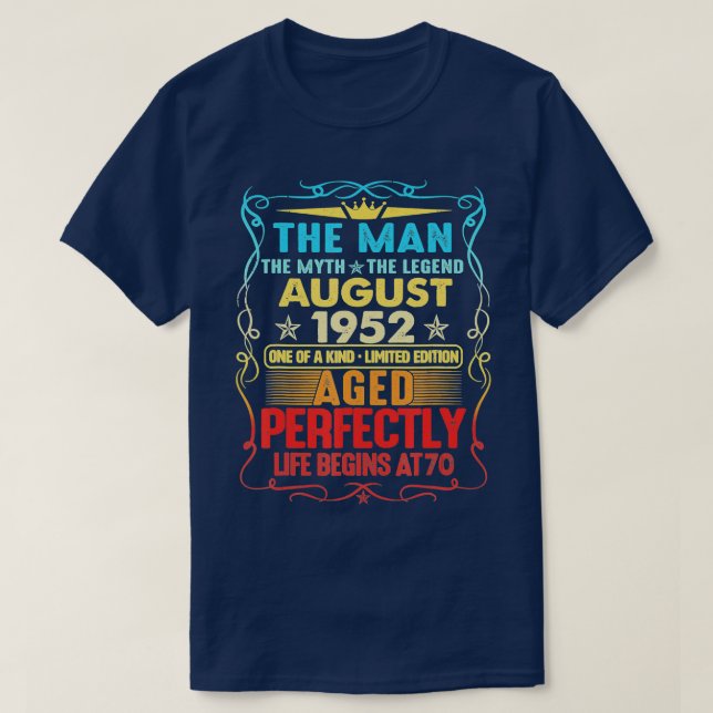 The Man Myth Legend Made In August 1952 70th Birth T-Shirt (Design Front)