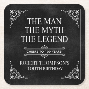 The Man The Myth The Legend 100th Birthday Black  Square Paper Coaster