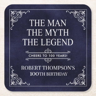 The Man The Myth The Legend 100th Birthday Blue  Square Paper Coaster