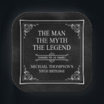 The Man The Myth The Legend 50th Birthday Black  Paper Plate<br><div class="desc">He IS The Man The Myth The LEGEND! His life has been an amazing adventure and it's time to celebrate his legacy and him. This textured black paper with white type and white scrolled corners 50th Birthday 7" square paper plates are perfect for honouring and celebrating this incredible milestone birthday!...</div>