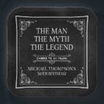 The Man The Myth The Legend 50th Birthday Black  Paper Plate<br><div class="desc">He IS The Man The Myth The LEGEND! His life has been an amazing adventure and it's time to celebrate his legacy and him. This textured black paper with white type and white scrolled corners 50th Birthday 9" square paper plates are perfect for honouring and celebrating this incredible milestone birthday!...</div>