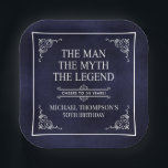 The Man The Myth The Legend 50th Birthday Blue Paper Plate<br><div class="desc">He IS The Man The Myth The LEGEND! His life has been an amazing adventure and it's time to celebrate his legacy and him. This textured navy blue paper with white type and white scrolled corners 50th Birthday 7" square paper plates are perfect for honouring and celebrating this incredible milestone...</div>