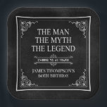 The Man The Myth The Legend 60th Birthday Black  Paper Plate<br><div class="desc">He IS The Man The Myth The LEGEND! His life has been an amazing adventure and it's time to celebrate his legacy and him. This textured black paper with white type and white scrolled corners 60th Birthday 9" square paper plates are perfect for honouring and celebrating this incredible milestone birthday!...</div>