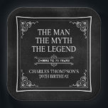 The Man The Myth The Legend 70th Birthday Black  Paper Plate<br><div class="desc">He IS The Man The Myth The LEGEND! His life has been an amazing adventure and it's time to celebrate his legacy and him. This textured black paper with white type and white scrolled corners 70th Birthday 9" square paper plates are perfect for honouring and celebrating this incredible milestone birthday!...</div>