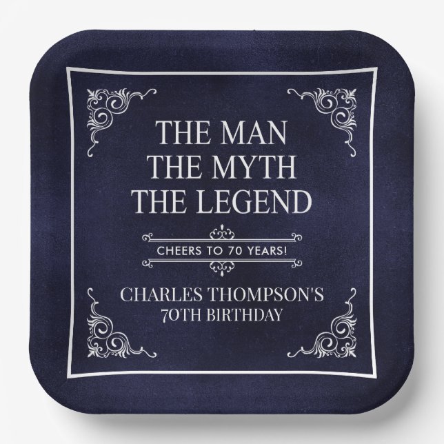 The Man The Myth The Legend 70th Birthday Blue Paper Plate (Front)