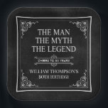 The Man The Myth The Legend 80th Birthday Black  Paper Plate<br><div class="desc">He IS The Man The Myth The LEGEND! His life has been an amazing adventure and it's time to celebrate his legacy and him. This textured black paper with white type and white scrolled corners 80th Birthday 9" square paper plates are perfect for honouring and celebrating this incredible milestone birthday!...</div>