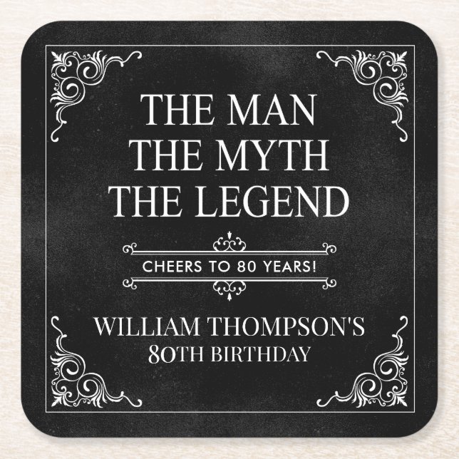 The Man The Myth The Legend 80th Birthday Black  Square Paper Coaster (Front)