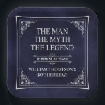 The Man The Myth The Legend 80th Birthday Blue Paper Plate<br><div class="desc">He IS The Man The Myth The LEGEND! His life has been an amazing adventure and it's time to celebrate his legacy and him. This textured navy blue paper with white type and white scrolled corners 80th Birthday 9" square paper plates are perfect for honouring and celebrating this incredible milestone...</div>