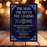 The Man The Myth The Legend 80th Birthday Photo Invitation<br><div class="desc">He IS The Man The Myth The LEGEND! His life has been an amazing adventure and it's time to celebrate his legacy and him. This textured navy blue paper with white type and white scrolled corner 80th Birthday invitation with the guest of honour's photo on the back is perfect for...</div>