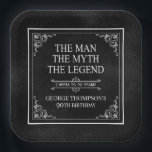 The Man The Myth The Legend 90th Birthday Black  Paper Plate<br><div class="desc">He IS The Man The Myth The LEGEND! His life has been an amazing adventure and it's time to celebrate his legacy and him. This textured black paper with white type and white scrolled corners 90th Birthday 9" square paper plates are perfect for honouring and celebrating this incredible milestone birthday!...</div>