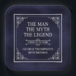 The Man The Myth The Legend 90th Birthday Blue Paper Plate<br><div class="desc">He IS The Man The Myth The LEGEND! His life has been an amazing adventure and it's time to celebrate his legacy and him. This textured navy blue paper with white type and white scrolled corners 90th Birthday 9" square paper plates are perfect for honouring and celebrating this incredible milestone...</div>