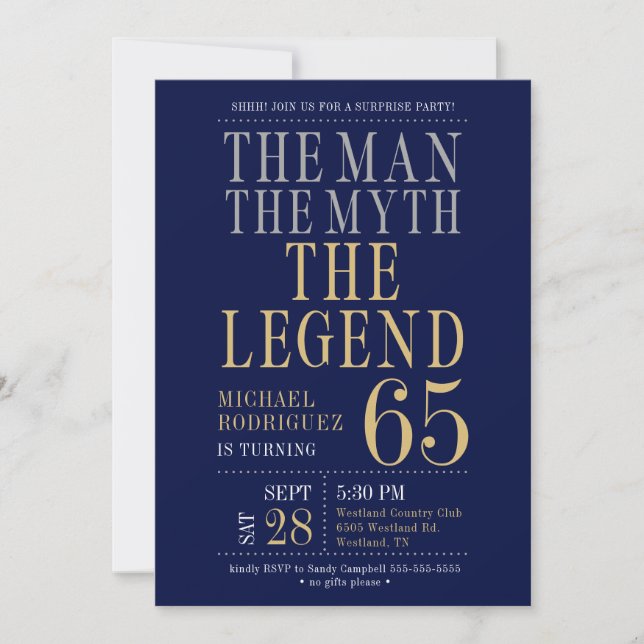 The Man The Myth The Legend Surprise 65th Birthday Invitation (Front)
