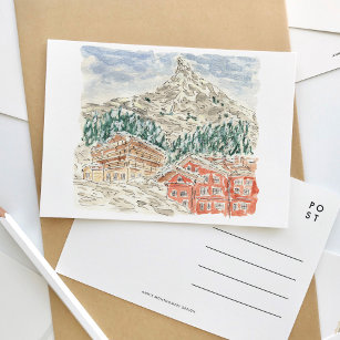 The Matterhorn Swiss Alps Watercolor Postcard