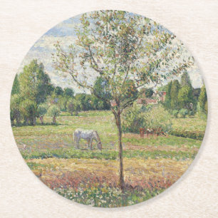 The Meadow with Grey Horse, Eragny, Oil Painting Round Paper Coaster