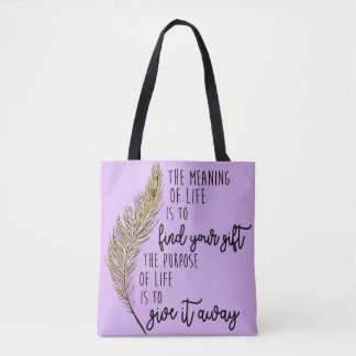 The meaning of life - purple tote w/feather design bag