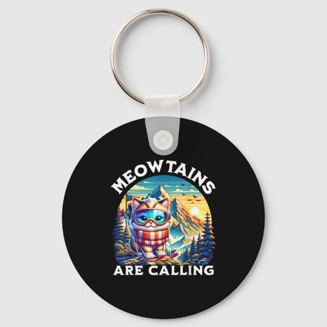 The meowtains are calling funny cat quirky skiing  keychain (Front)