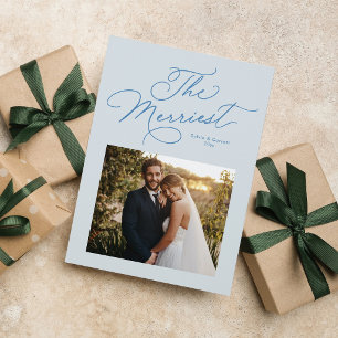 The merriest blue newlywed Christmas photo Holiday Card
