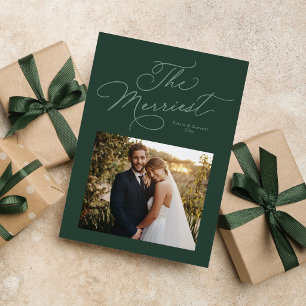 The merriest green newlywed Christmas photo Holiday Card