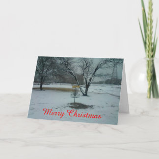 The Merry Christmas disc golf goal in snow card