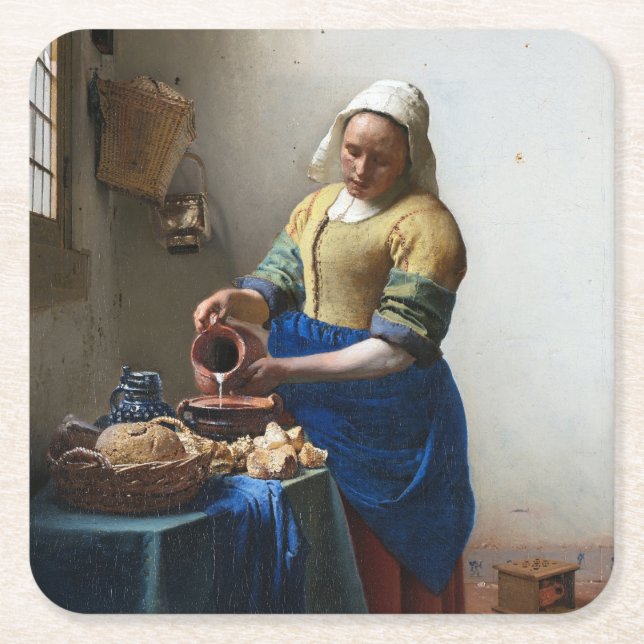 The Milkmaid, Johannes Vermeer, 1657-1658 Square Paper Coaster (Front)