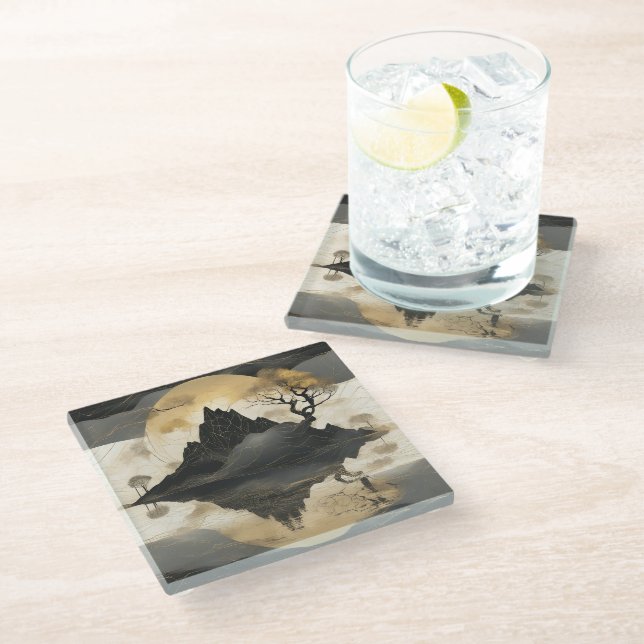 The Misty Mountain Black & Gold Glass Coaster (Angled)