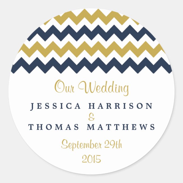 The Modern Chevron Wedding Collection- Navy & Gold Classic Round Sticker (Front)