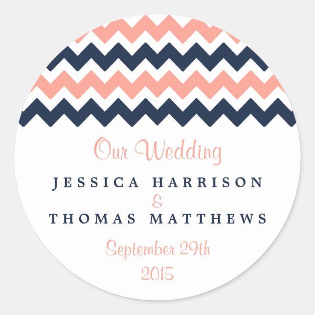 The Modern Chevron Wedding Collection- Pink & Navy Classic Round Sticker (Front)