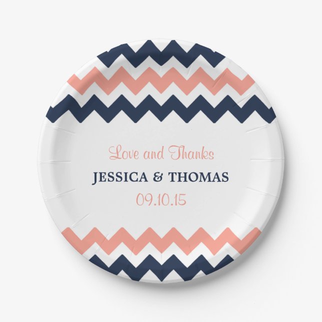 The Modern Chevron Wedding Collection- Pink & Navy Paper Plate (Front)