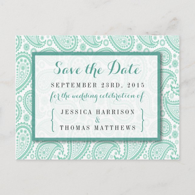 The Modern Paisley Wedding Collection - Green Announcement Postcard (Front)
