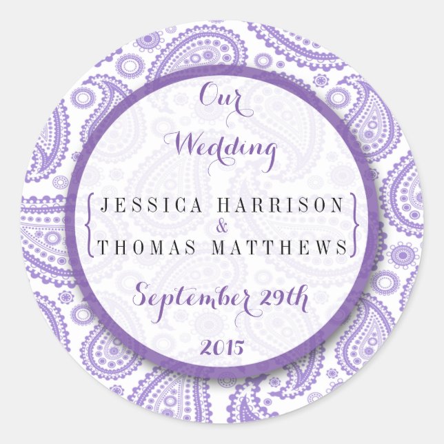 The Modern Paisley Wedding Collection - Purple Classic Round Sticker (Front)