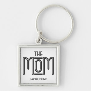 THE Mom Black White Text Personalized Keychain