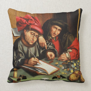 The Money Lenders (oil on oak panel) Throw Pillow