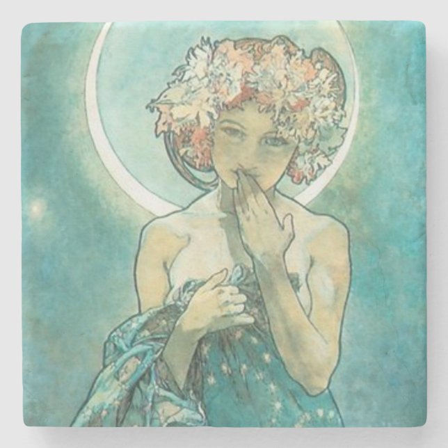 "The Moon" by Mucha, Green Stone Coaster (Front)
