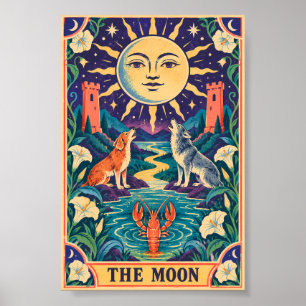 The Moon Tarot Card Art Whimsical Retro Occult Poster