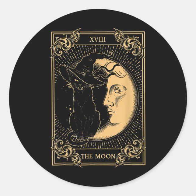 The Moon Tarot Xvii Inspired Black Cat Witch Hat H Classic Round Sticker (Front)